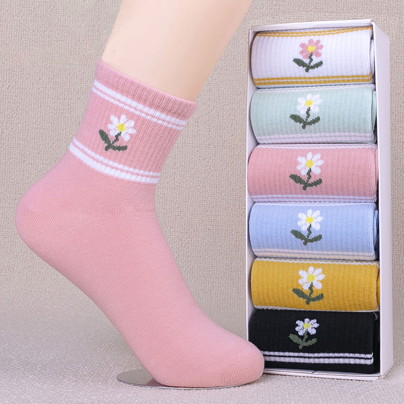 厚款秋冬季纯棉运动袜女士袜子中筒袜秋冬季百搭纯色可爱甜妹潮袜