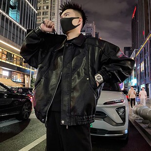 男士 痞帅机车服加绒加厚翻领潮牌百搭宽松皮夹克 皮衣外套春秋新款