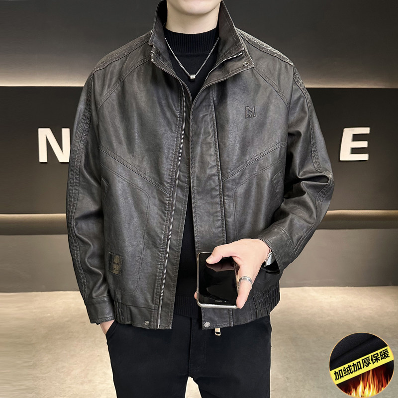 美式复古做旧皮夹克男士百搭帅气机车夹克立领宽松休闲皮衣外套,男装,皮衣,淘宝优惠券,粉丝福利购,淘宝优惠卷