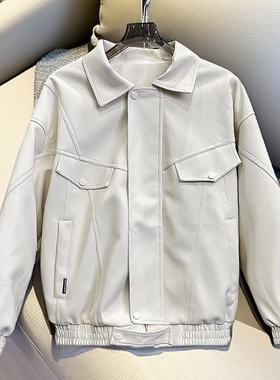 白色皮衣男款美式休闲复古皮夹克秋冬新款加绒潮流翻领工装PU外套