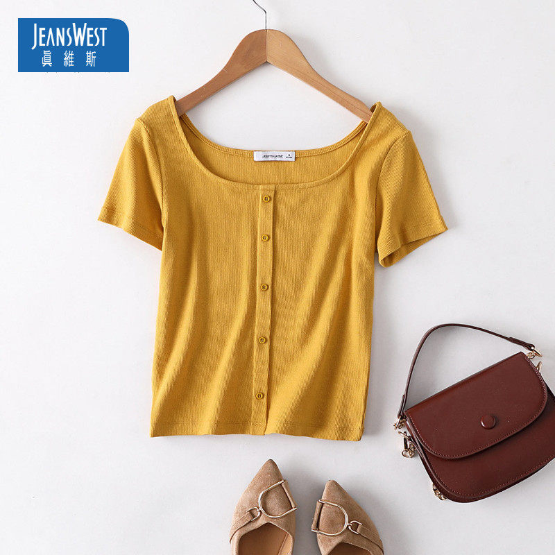 真维斯短袖T恤女2020春夏新款圆领纯色上衣基础百搭假纽扣打底衫