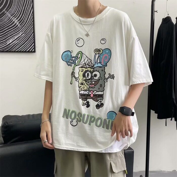 Original loose trend lazy print men's round neck Summer Cotton Short Sleeve T-Shirt versatile 5-sleeve