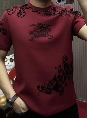 潮流修身t恤男士短袖男士2026新款马年红色烫钻时尚显瘦百搭上衣