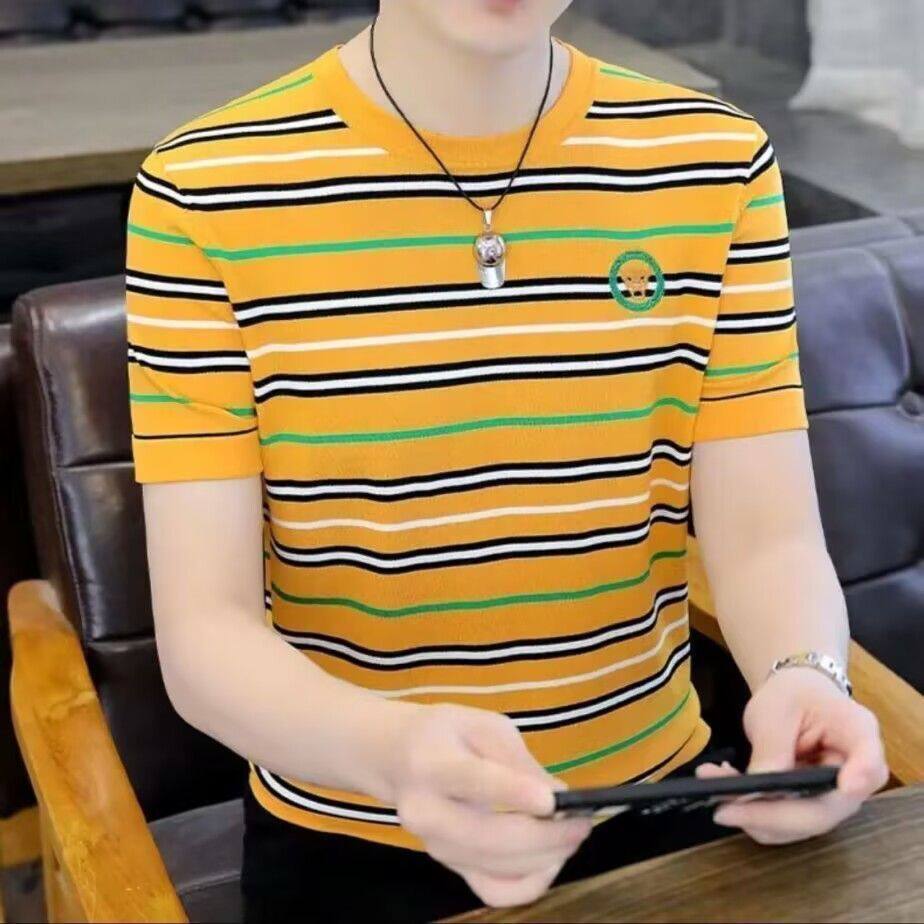 2026高端刺绣男士新款恤短袖夏季冰丝圆领T恤衫薄款半袖条纹上衣