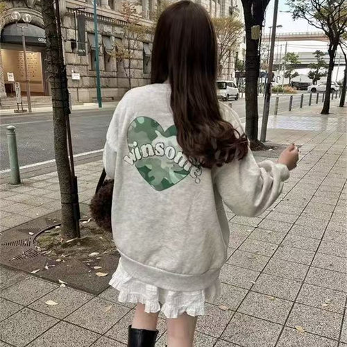 日单 慵懒风 豹纹爱心拉绒毛圈宽松卫衣2件包邮