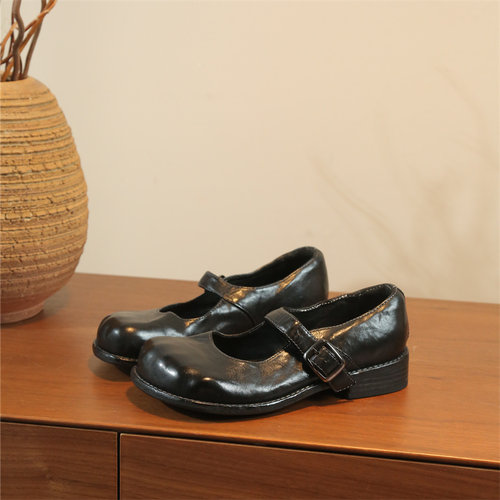 雪密欧手工做旧固特异水洗马皮玛丽珍女鞋百搭真皮休闲浅口单鞋女