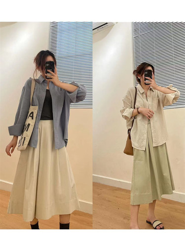 日系双口袋八分阔腿裙裤