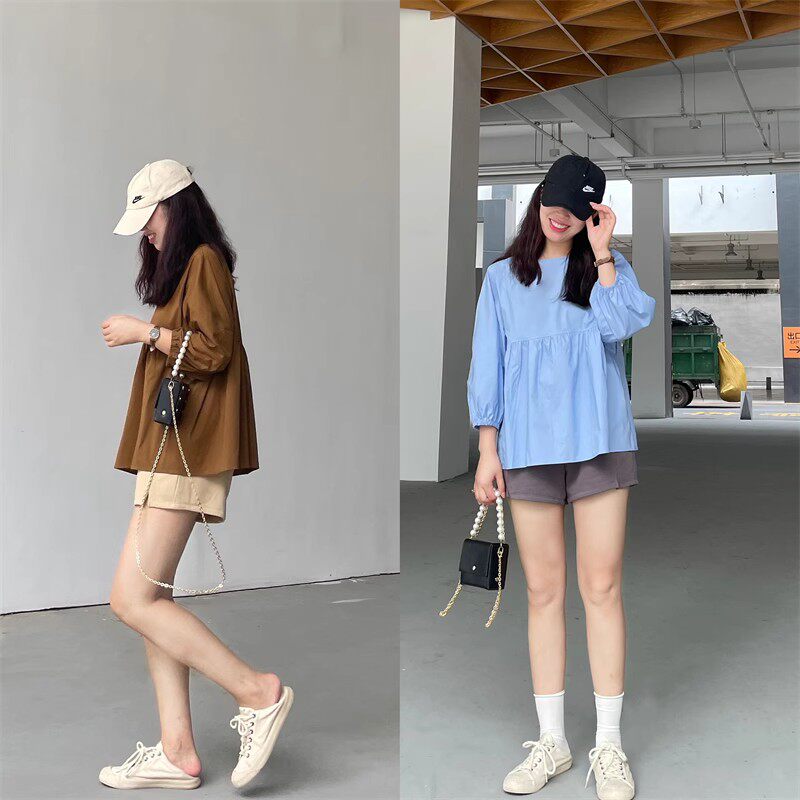 特价清仓 海盐橘子酒 衬衫女夏季薄款七分袖减龄衬衣娃娃衫日系上