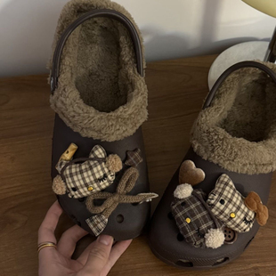 可爱kt冬季洞洞鞋花鞋配饰格子蝴蝶结纽扣秋季鞋扣美拉德