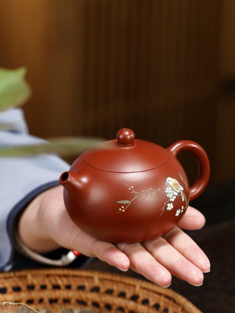 宜兴紫砂壶纯手工泥绘花鸟功夫茶具原矿大红袍家用泡茶壶西施壶
