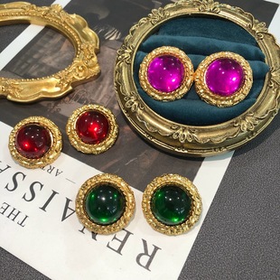 复古宫廷电镀真金中古耳饰红色大琉璃重工款轻奢绿色银针耳钉耳夹