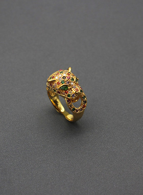 复古戒指小众独特高级戒指女气质满锆设计豹子开口戒中古饰品