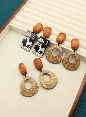 MONIES木质耳环椰壳拉菲草耳饰跨境首饰意大利小众设计高级感耳钉