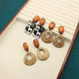 MONIES木质耳环椰壳拉菲草耳饰跨境首饰意大利小众设计高级感耳钉