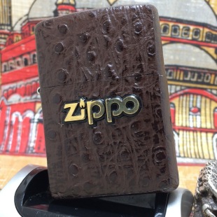 ZIPPO 2002年C全新大标贴章深咖啡鸵鸟皮手工打火机 原装 正版
