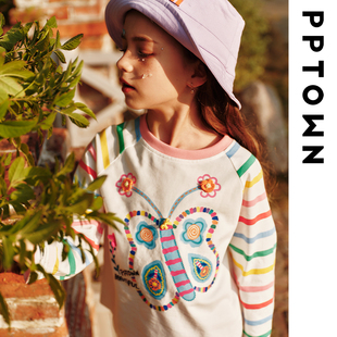 女童T恤长袖2026新款春夏装儿童彩虹条纹上衣大童蝴蝶印花打底衫