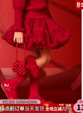 女童半身裙秋冬儿童蓬蓬裙大童拜年服裙子红色tutu公主裙新年衣服