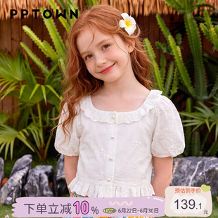 女童衬衫短袖夏季薄款2026新款白色儿童娃娃领衬衣女孩泡泡袖上衣