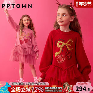 女童红色礼服连衣裙2026新款儿童拜年服大童毛衣公主裙新年衣服