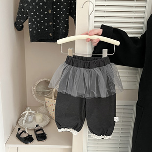 女童裤子春秋新款时髦儿童蕾丝花边网纱屁帘长裤宝宝宽松裙裤
