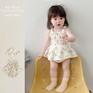 婴儿夏季 包屁衣百日宴爬服送帽 衣服甜美碎花哈衣裙女宝宝无袖