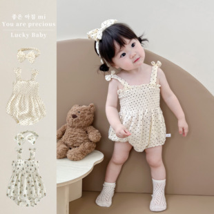 夏天婴儿包屁衣女宝宝蝴蝶结背带哈衣洋气小碎花无袖 连体衣爬爬服