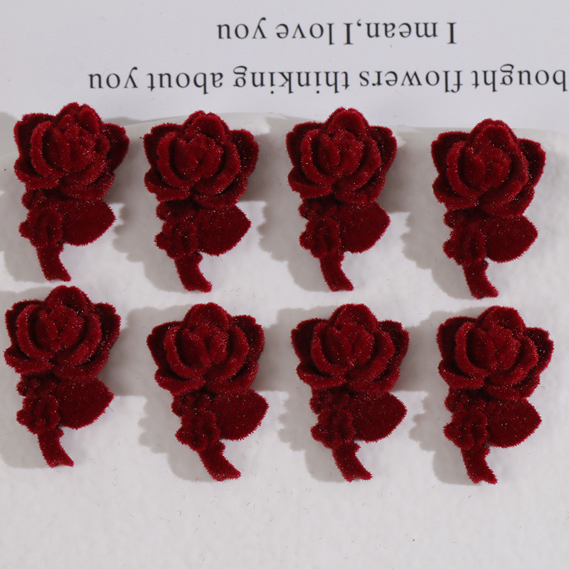 秋冬款时尚百搭植绒酒红色玫瑰花亚克力贴片DIY耳环饰品配件