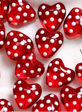 新款手绘立体波点穿孔红色琉璃爱心琉璃配件DIY手串项链耳饰材料