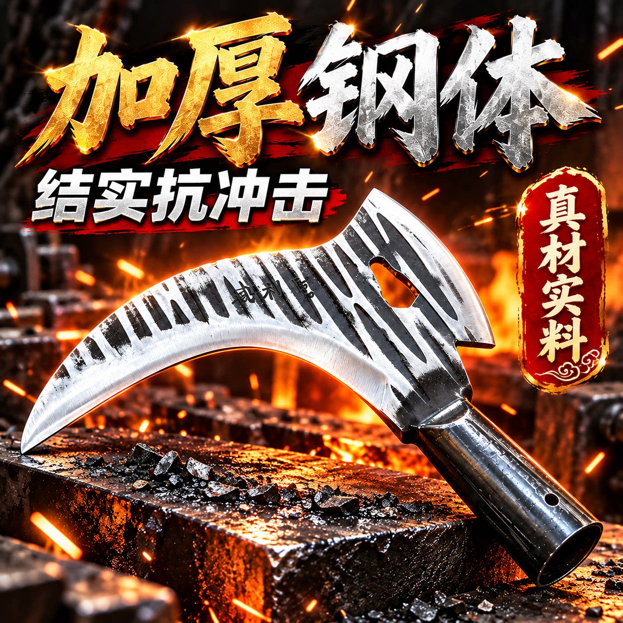 弹簧钢1斤砍割两用镰刀全钢锤纹一体锻造户外农用工具农业收割