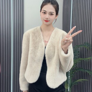 毛毛皮草外套小香风仿貂毛 高级感外套宽松休闲V领短款 时尚 百搭