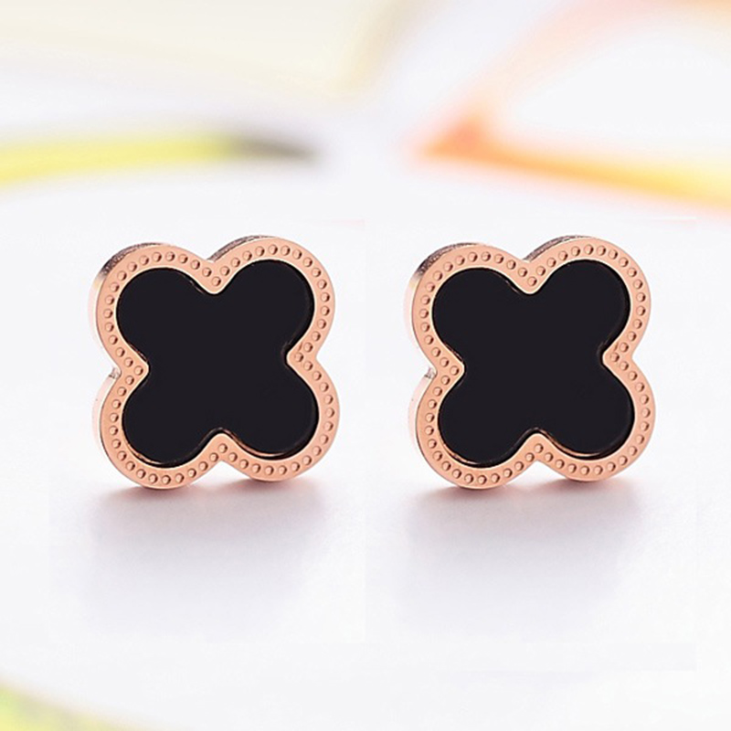 正品韩国玫瑰金钛钢幸运流行气质四叶草耳钉女黑色耳环耳饰品时尚