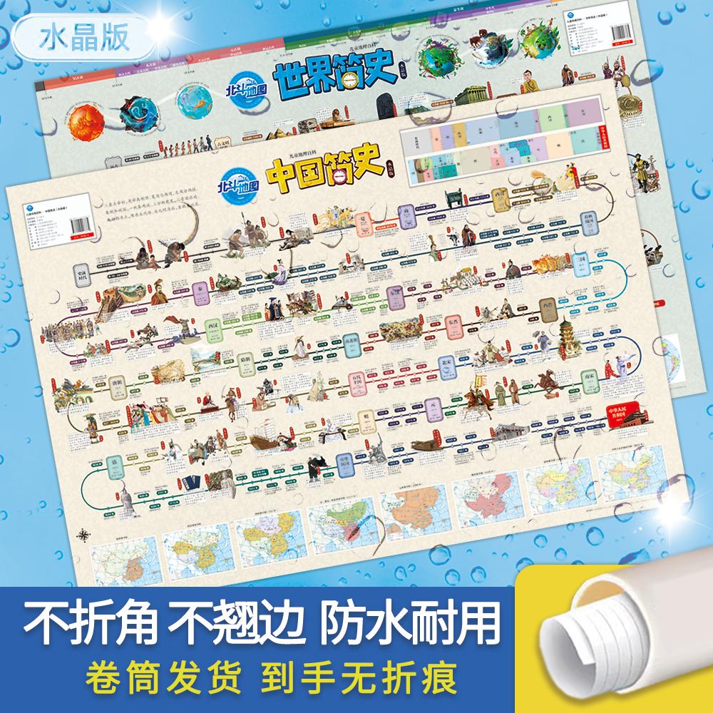 北斗地图)高清2张儿童地理百科**世界简史(水晶版)学生专用新版全国地图墙贴大尺寸挂画小学生书房地理知识挂图客厅背景墙大地图