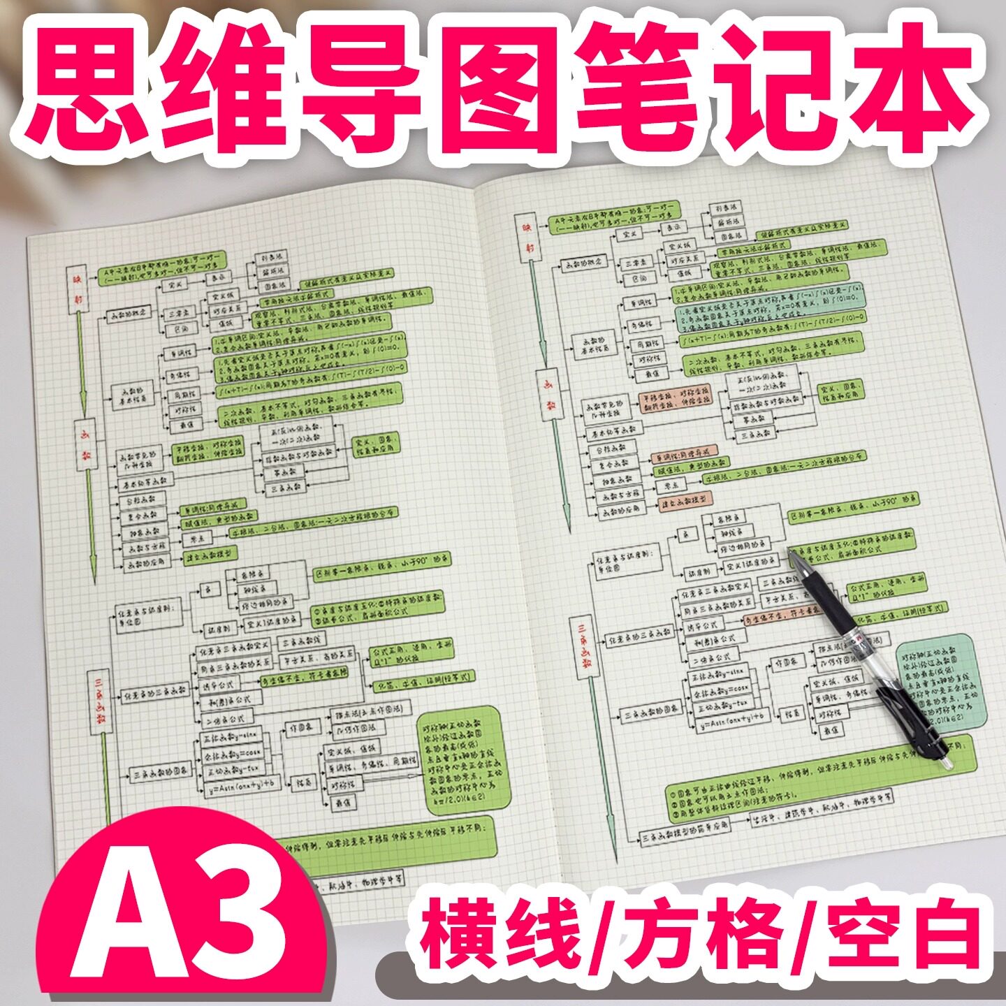 a3空白笔记本思维导图方格横线空白缝线可平摊大号作业本本子道林 - 实物图