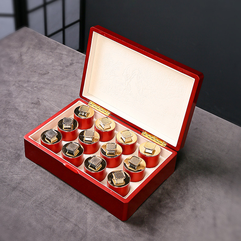 12小罐子红红肉桂岩茶金骏眉茶叶包装烤漆木盒红色礼盒喜庆拉丝罐