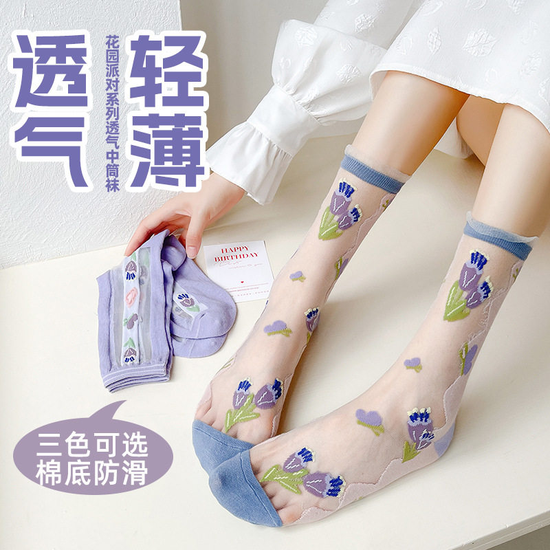 女袜夏新款韩国ins卡丝透气花园派对花卉袜学院风甜美玻璃丝袜女