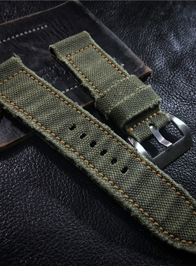 手工帆布军绿色大飞26MM382铜表带可做双面布适配沛纳海大飞等