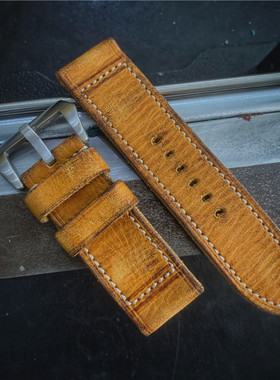 黄色褶皱复古表带可养牛变色 颜色会变深手工表带适用于沛纳海