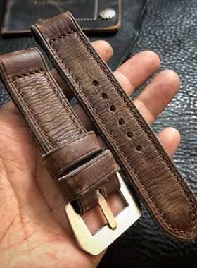 GF手工表带 三折gpf平扣二战风格手工牛皮定制表带适用于沛纳海
