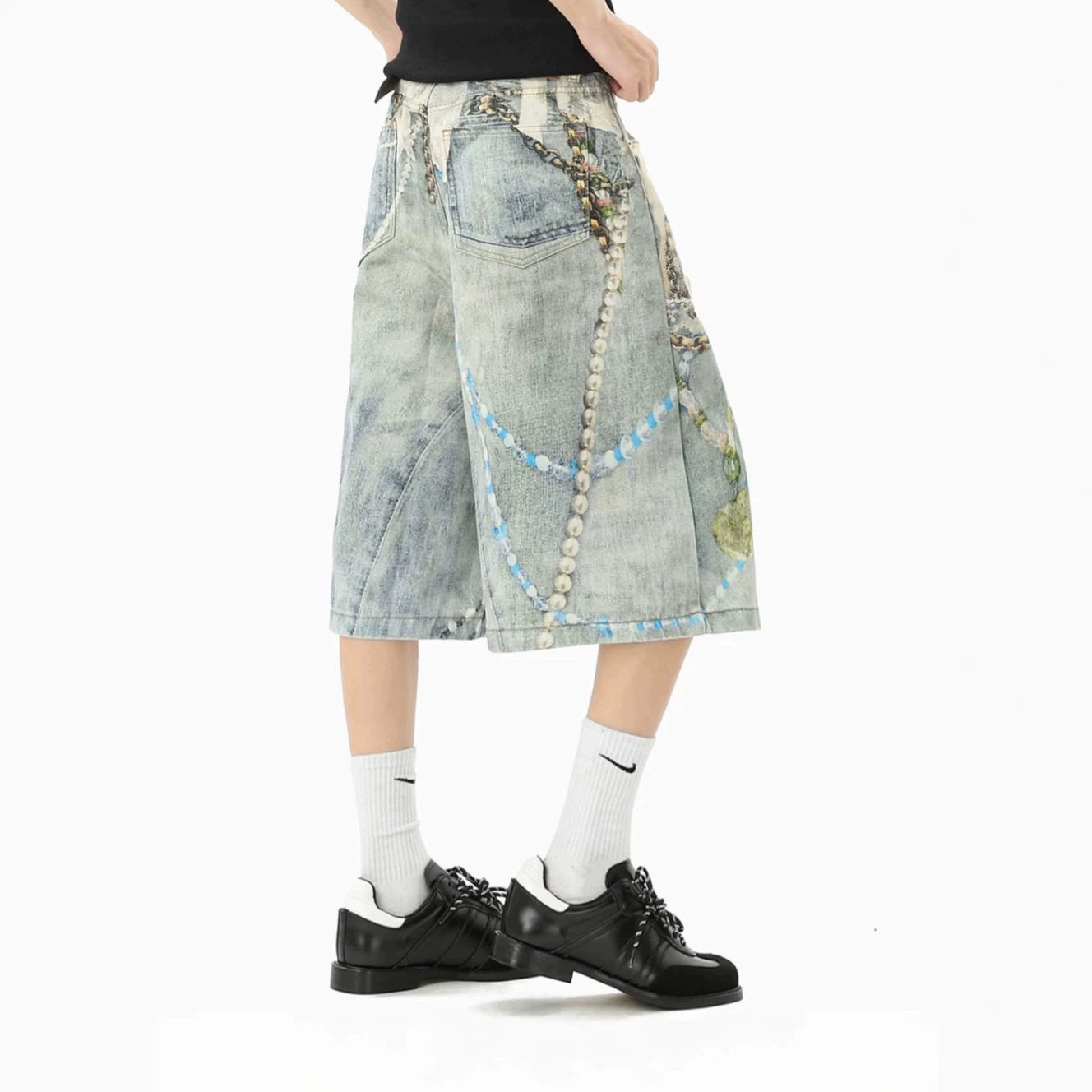 牛仔七分裤夏季做旧破洞阔腿设计