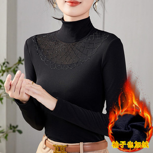 冬季新款高领网纱加绒打底衫女洋气网纱镶钻保暖内搭小衫女上衣