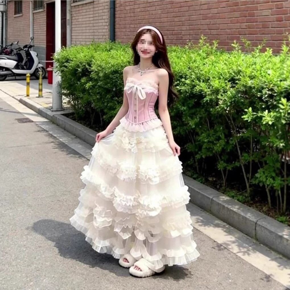 法式千金穿搭抹胸粉色连衣裙女20