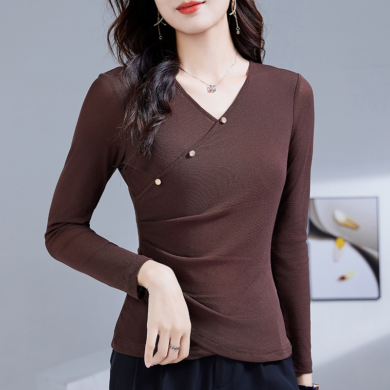 网纱打底衫女春秋2025新款欧货女装交叉v领长袖t恤长袖内搭上衣
