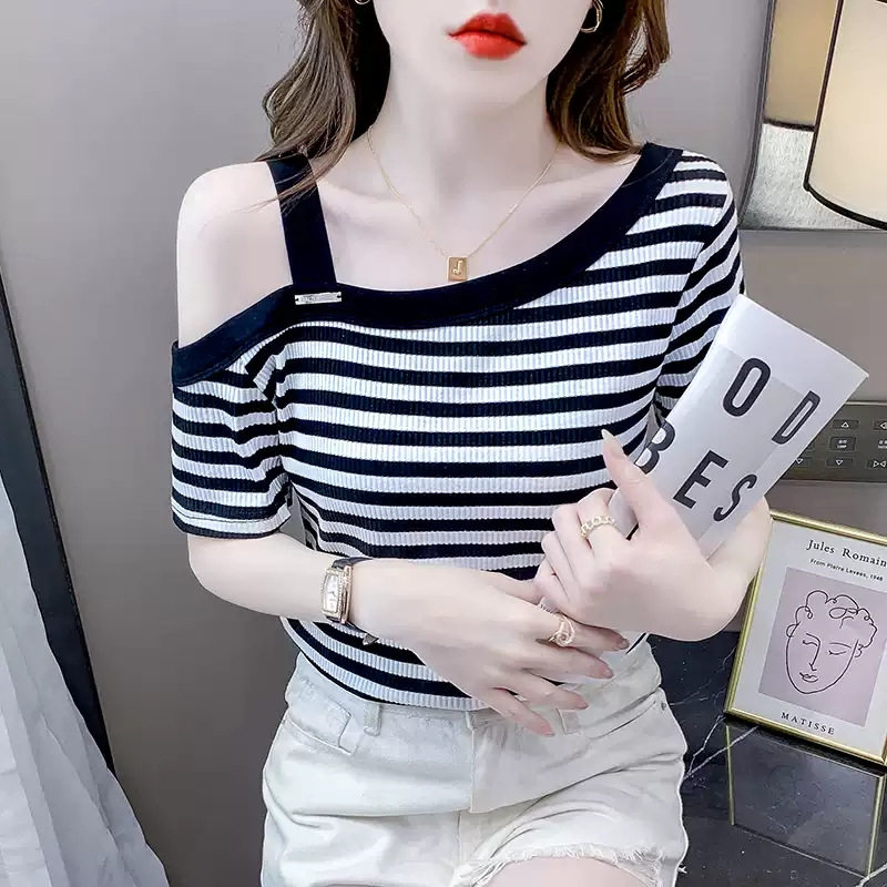 斜领露肩条纹短袖棉T恤小衫女夏