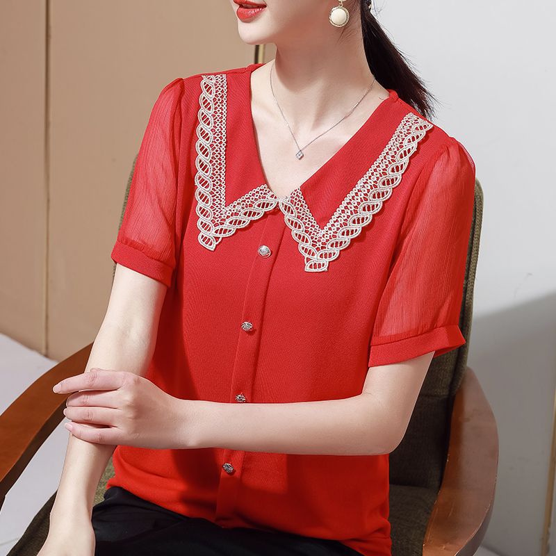 娃娃领上衣夏洋气减龄蕾丝雪纺短袖宽松遮肚子大码针织衫t恤女夏