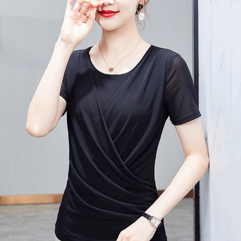 2026新款网纱短袖t恤女夏交叉褶