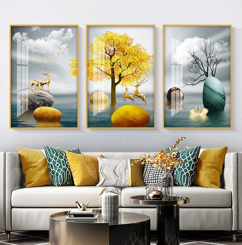 轻奢风沙发背景墙麋鹿客厅装饰画