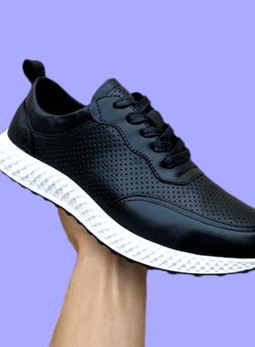 优质牛皮休闲鞋男透气秋季黑色时尚皮鞋真皮系带外贸压孔运动跑鞋
