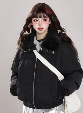 cuwu美式高级感仿皮草翻领加厚短款棉服女冬季棉袄加厚小香风外套