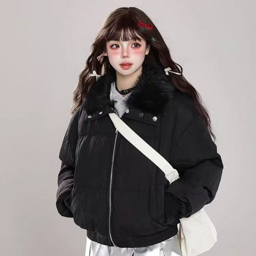 cuwu美式高级感仿皮草翻领加厚短款棉服女冬季棉袄加厚小香风外套