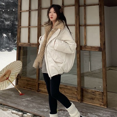 Melittlewei25新品 环保皮草拼接花苞毛领羽绒服下摆抽褶花苞设计